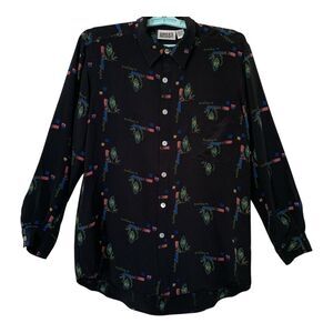 Chicos Design Silk Blouse SZ 1 Black Long Sleeve Ecologia Button Up Artsy Chic